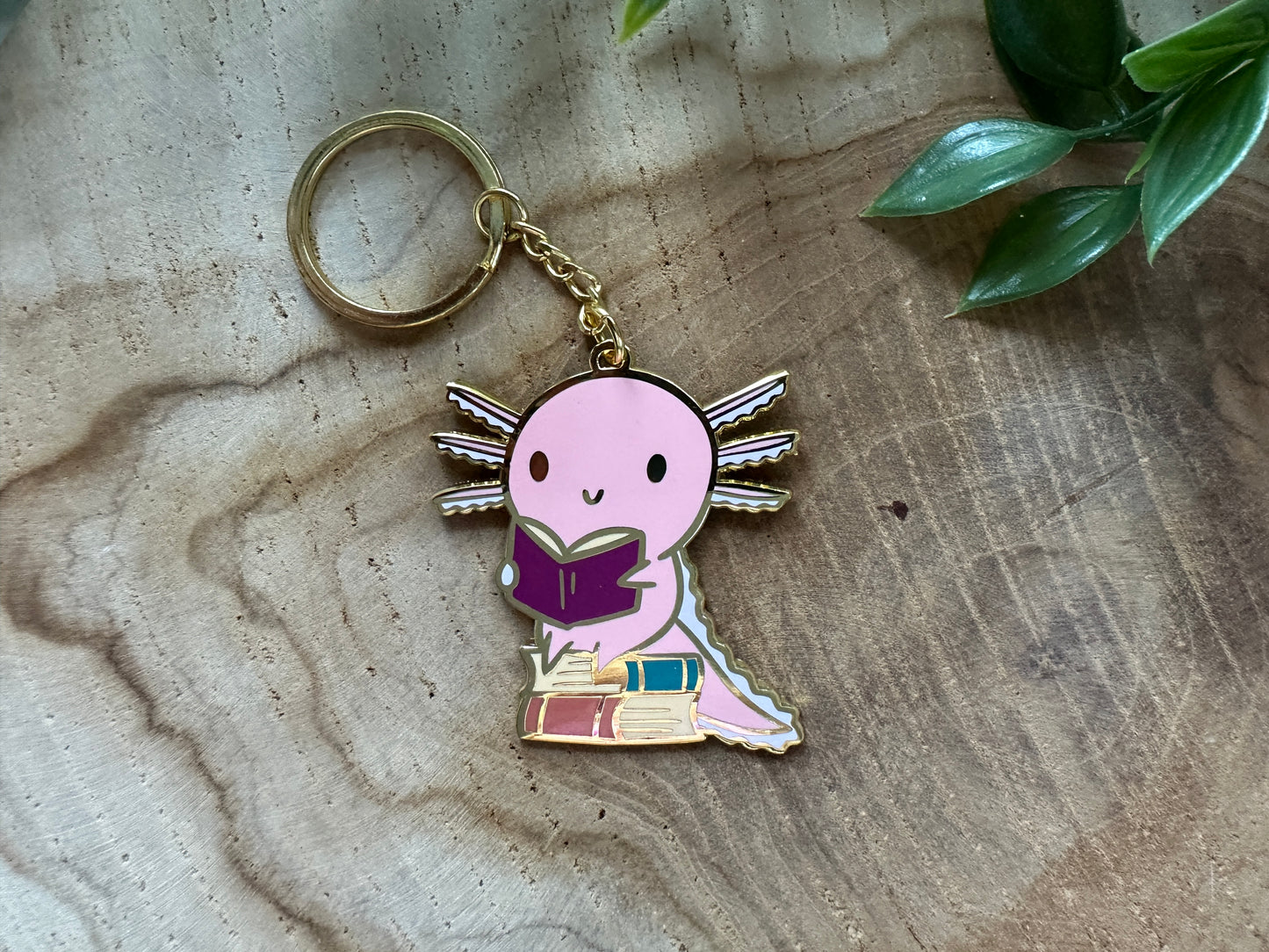 Reading Axolotl Metal Enamel Keychain