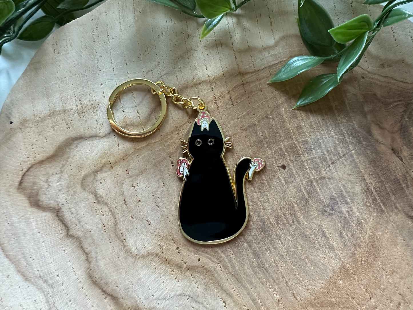 Black Cat & Mushrooms Metal Enamel Keychain