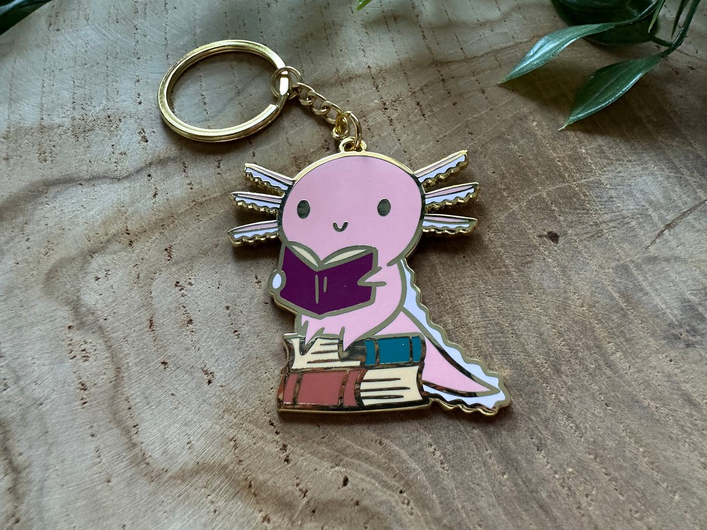 Reading Axolotl Metal Enamel Keychain