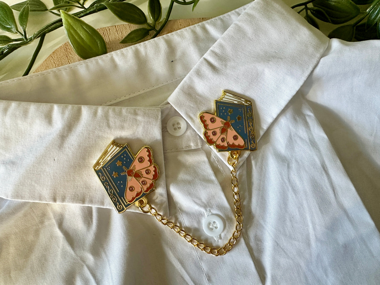 Moth & Book Enamel Collar Pin