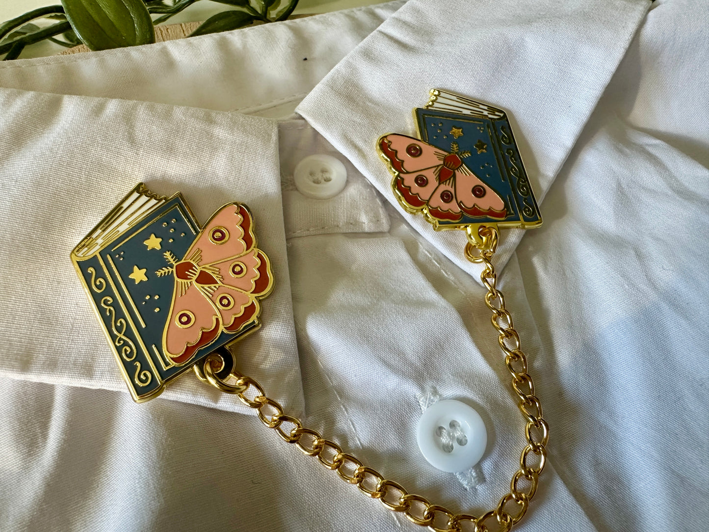 Moth & Book Enamel Collar Pin