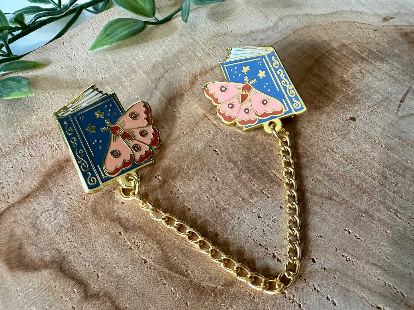 Moth & Book Enamel Collar Pin