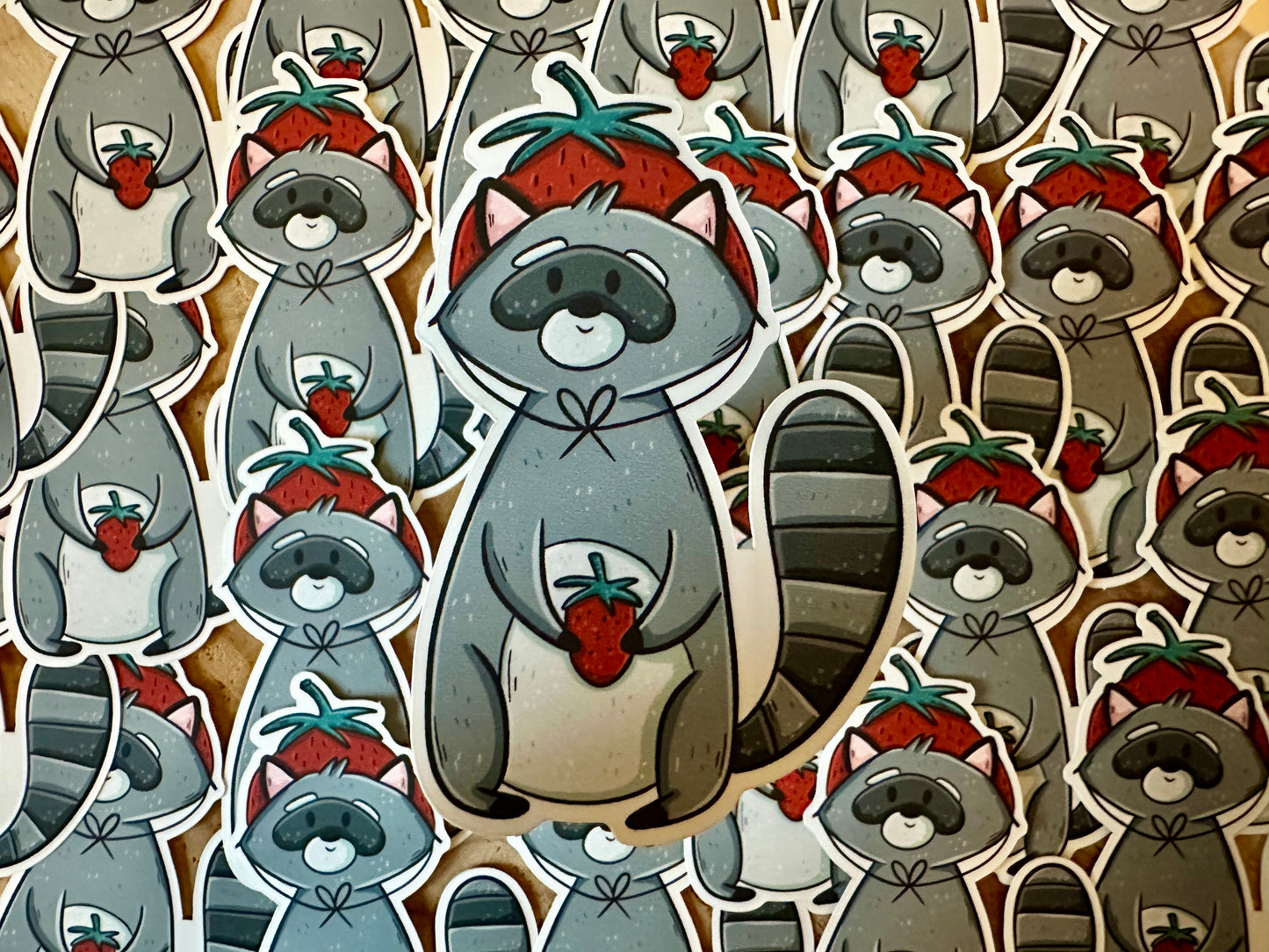Strawberry Raccoon Die Cut Sticker