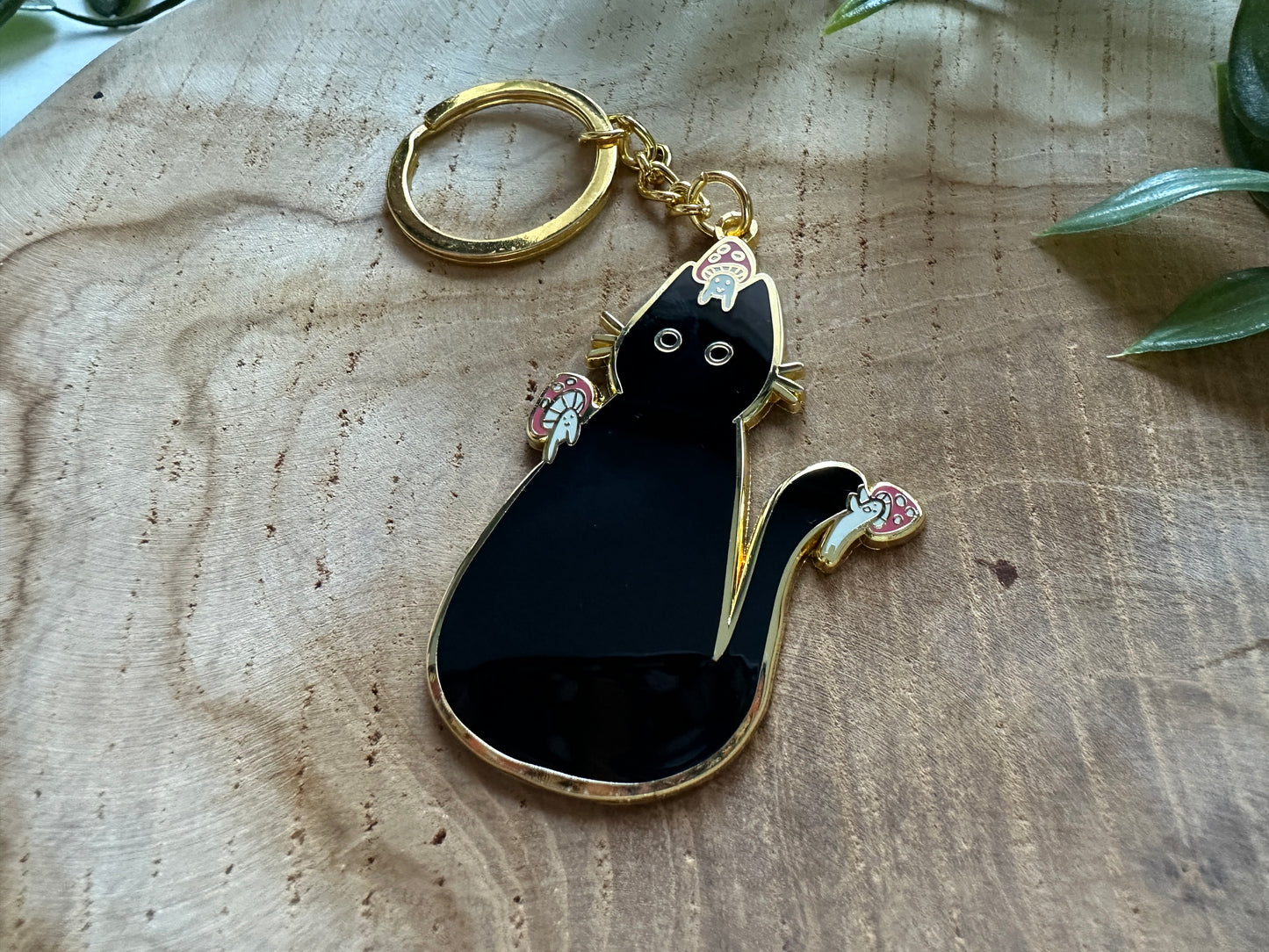 Black Cat & Mushrooms Metal Enamel Keychain