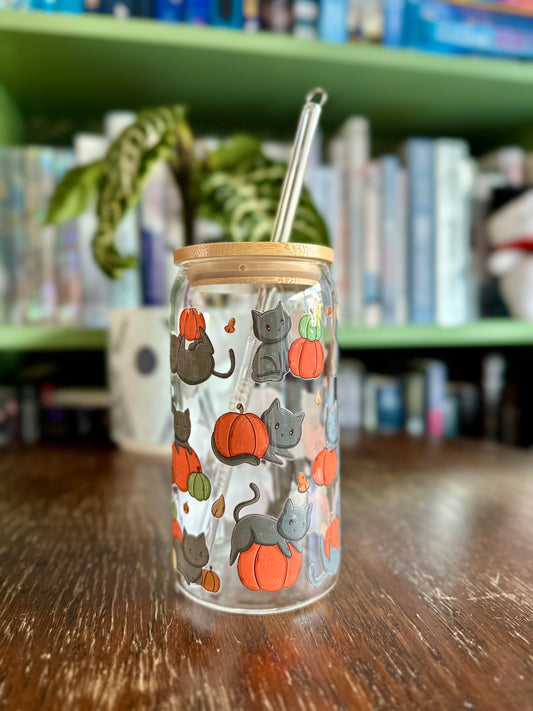 Black Cats & Pumpkins Glass Tumbler