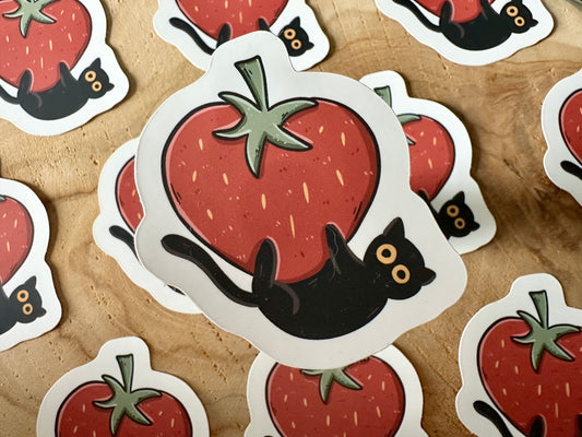 Black Cat & Strawberry Die Cut Sticker