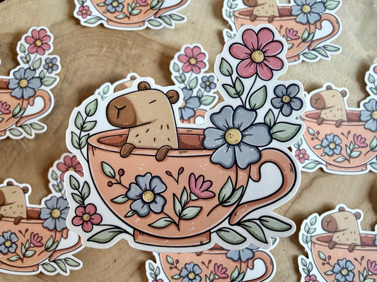 Tea Cup Capybara Die Cut Sticker