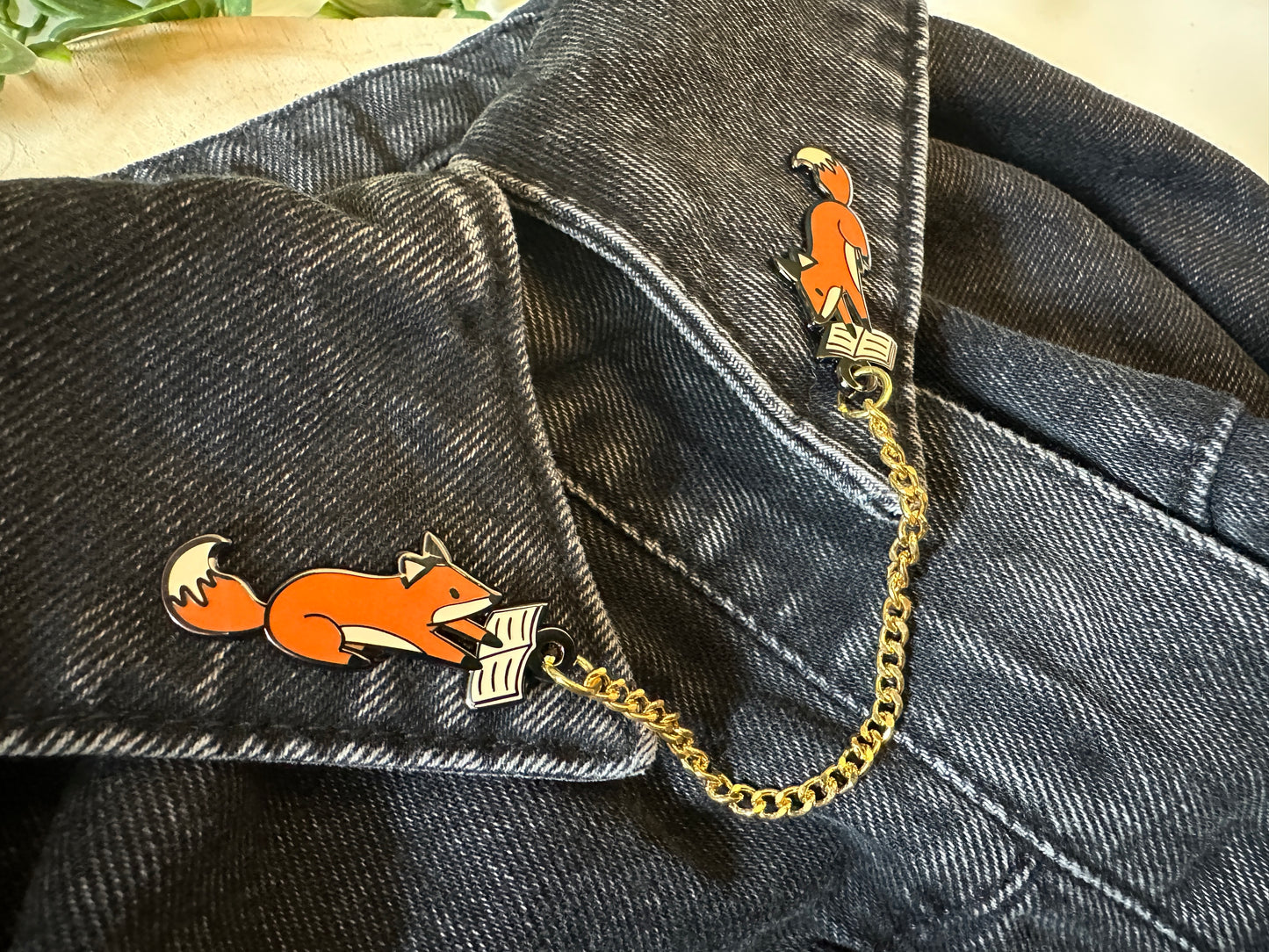 Fox with Book Enamel Collar Pin