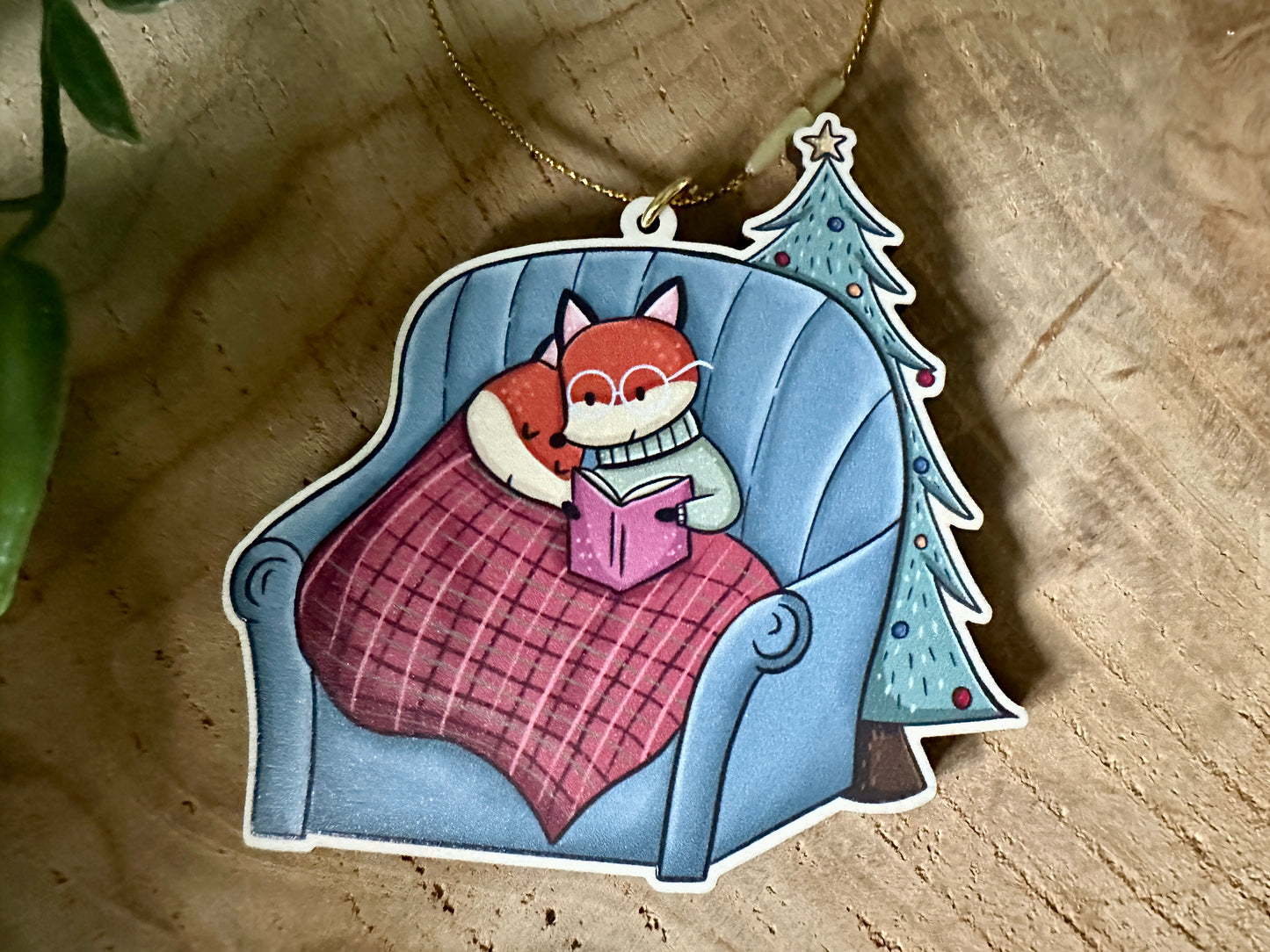 Cozy Reading Foxes Wooden Christmas Tree Ornament