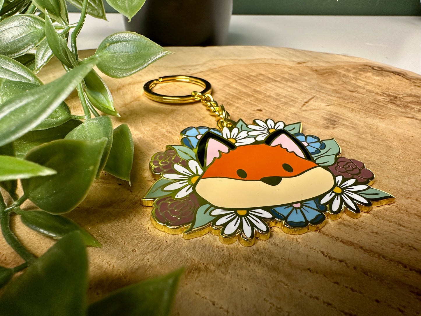 Fox & Flowers Metal Enamel Keychain