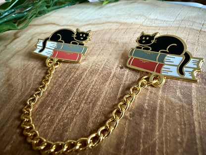 Black Cat & Books Enamel Collar Pin