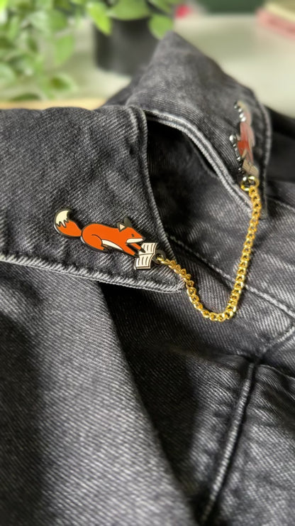 Fox with Book Enamel Collar Pin