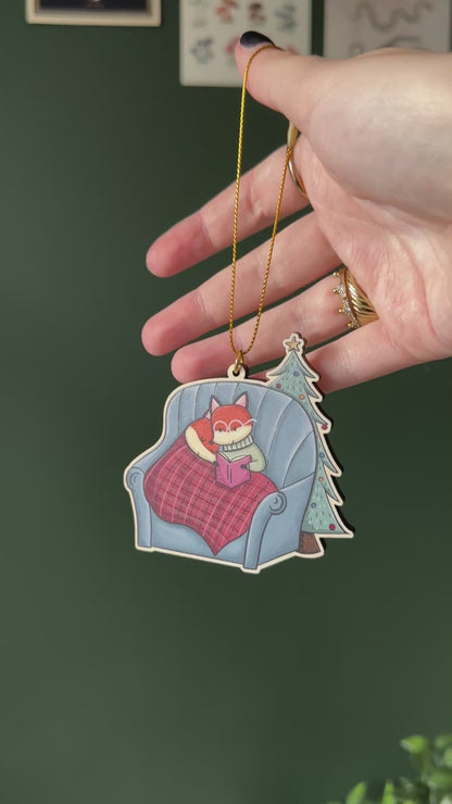 Cozy Reading Foxes Wooden Christmas Tree Ornament