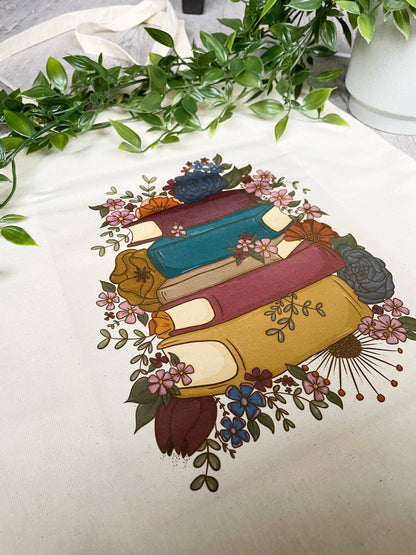 Flowery Stack of Books Canvas Book Tote Bag