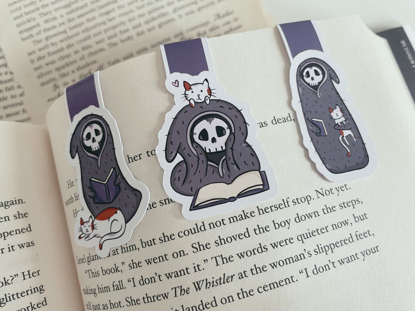 Death with Cat Reading Magnetic Bookmark Set