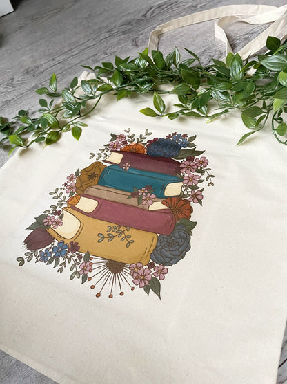 Flowery Stack of Books Canvas Book Tote Bag