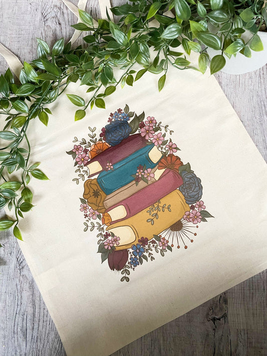 Sac fourre-tout Flowery Stack of Books Canvas